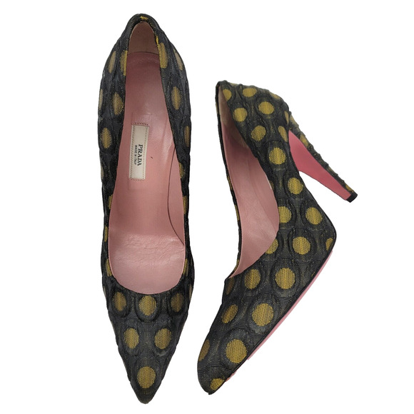 Prada Size 6.5 Embossed High Heels Black Art Deco Mustard Yellow Polka Dot - Picture 1 of 10